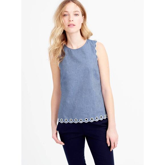 J. Crew Blue Cotton Chambray Scalloped Top With Grommets. Women's Size 0 - Picture 1 of 7